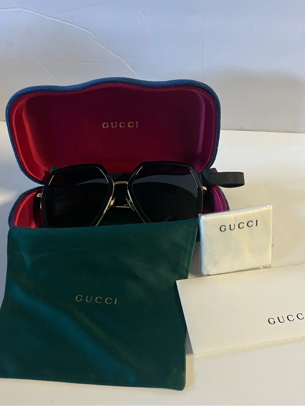 Gucci Black Oversized Geometric Sunglasses with Gold Trim